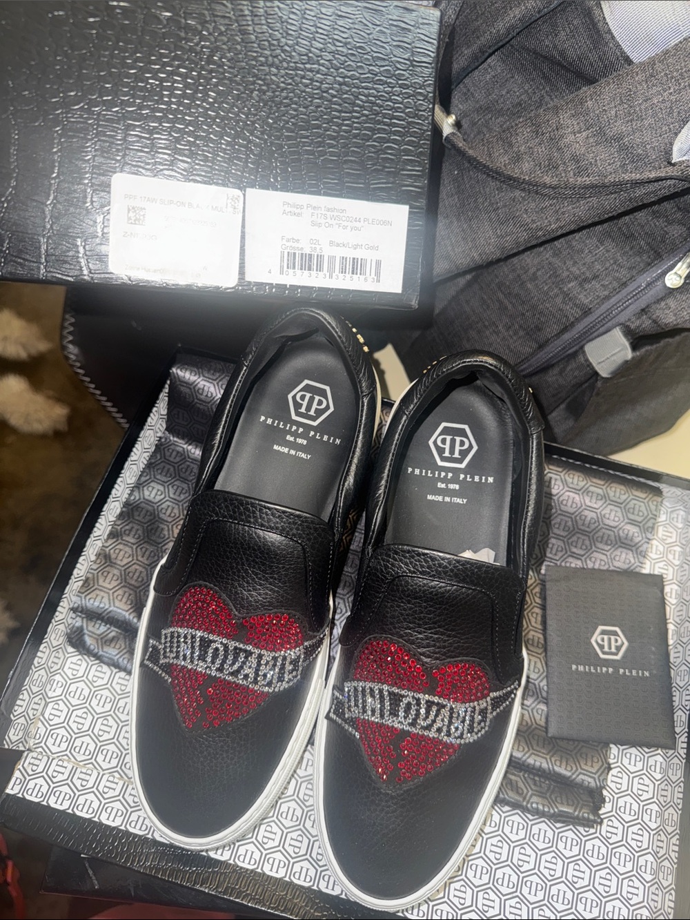 Philipp Plein Black Leather Slip-On Sneakers with Red Crystal Heart